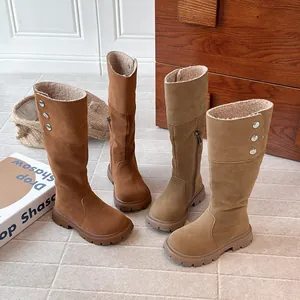 Stylish fleece-lined tall winter boots for girls in brown and beige suede finish