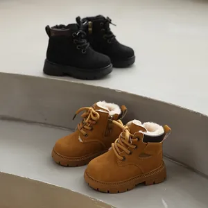 Kids Winter Martin Boots Warm Fleece Lined Toddler Short Boots For Boys Girls Non-Slip Soft Sole Side Zipper Laces Brown Black