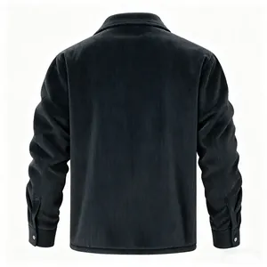 Back view of a navy blue corduroy shirt jacket with fine vertical texture details
