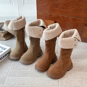 Warm girls' Maillard style fleece-lined winter high boots in stylish khaki and brown