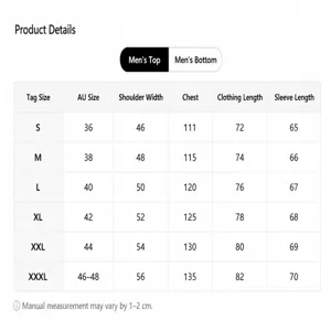 Detailed size chart table for men's summer linen shirt and drawstring pants set