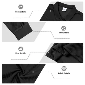 Vues détaillées professionnelles du col, des poignets et du tissu d'un polo noir pour homme.
