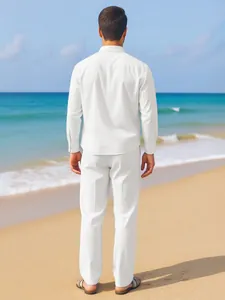 Back view of men's white linen shirt and trousers set for summer beach vacation