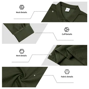 Vues détaillées du col, des poignets et du tissu du sweat polo jacquard texturé vert olive