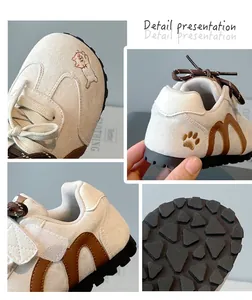 Detailed views of girls' suede sneakers featuring cute cat embroidery and non-slip sole