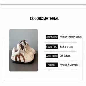 Detail view of girl's sneakers with leather material and Velcro strap information