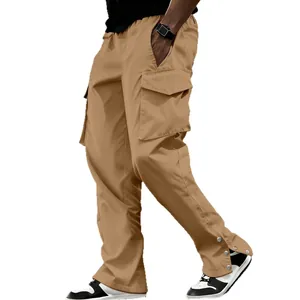 Men's retro hip hop khaki cargo pants with multiple pockets and side snap hem buttons