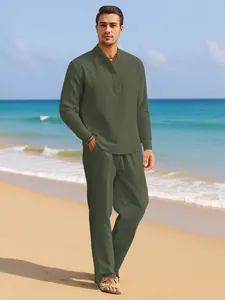 Men's army green summer linen shirt and drawstring trousers set for beach holiday