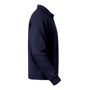 Vue latérale d'un polo à manches longues en jacquard texturé bleu marine pour homme.