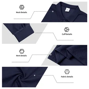 Vues détaillées du sweat polo bleu marine montrant le col, le poignet et la texture.