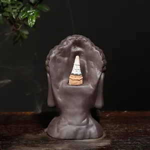Zen Boeddha hoofd backflow wierookbrander van paars klei voor aromatherapie decoratie