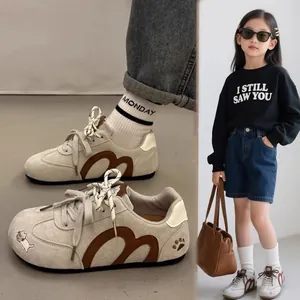 Girls Retro GAT Style Sneakers Synthetic Leather Rubber Sole Casual Student Flat Shoes with Cat Embroidery and Hook Loop