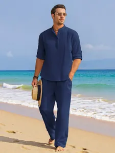 Men's navy blue linen summer set featuring henley shirt and matching beach pants