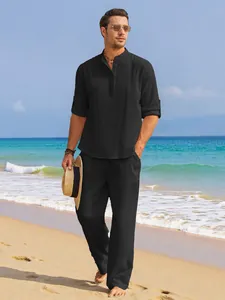Men's summer linen two-piece set featuring a black stand collar shirt and long pants