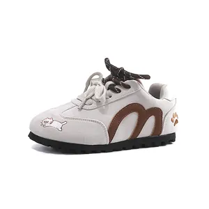 Cute girls' light gray autumn sports sneakers with cat embroidery and brown logo accents
