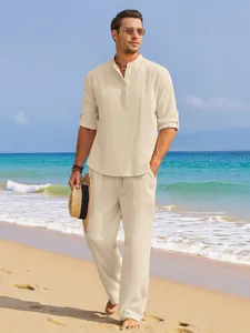 Men's summer linen two-piece set featuring solid stand-collar shirt and drawstring pants