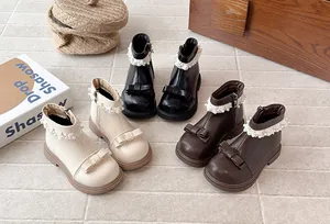 Bottines d'hiver élégantes pour filles avec perles et nœuds en noir, crème et marron