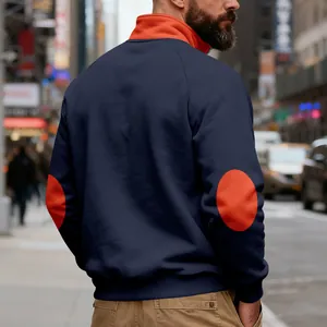 Close-up back view of heavyweight navy fleece sweatshirt with orange elbow patches