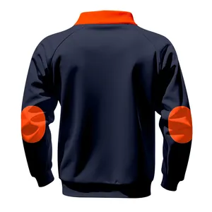 Men's navy blue heavyweight sweatshirt with orange collar and elbow patches back view