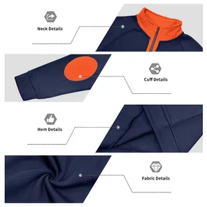 Detail macro shots of navy heavy fleece sweatshirt with orange accents