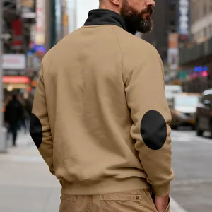 Back view of men's khaki heavy fleece sweatshirt with stand collar and elbow patches