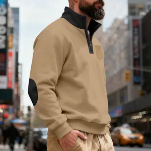 Premium men's tan half-zip fleece sweatshirt with black stand collar and elbow patches