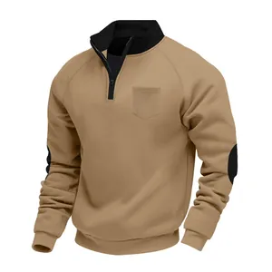 Detail of a men's khaki heavyweight fleece sweatshirt with black stand collar and zip