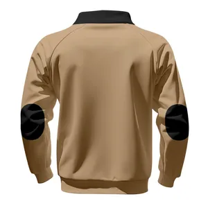 Back view of men's khaki heavy sweatshirt with black stand collar and elbow patches