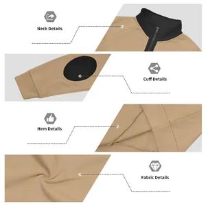 Detail view of khaki men's fleece sweatshirt showing neck, cuff, hem and fabric texture.