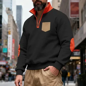 Men's heavyweight casual fleece half-zip sweatshirt with orange elbow patches and pocket