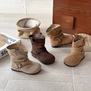 Bottes plissées en daim de style français pour filles en tons marron variés, vintage