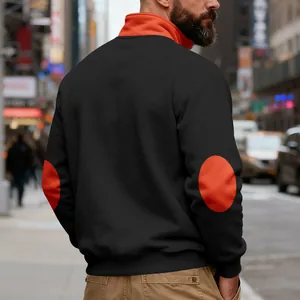 Back view of men's black sweatshirt with orange stand collar and elbow patches