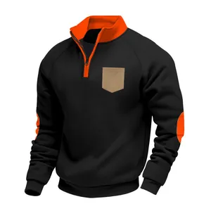 Men's black quarter-zip sweatshirt with orange stand collar and elbow patches