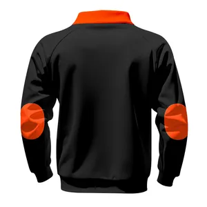 Back view of premium black men's stand collar fleece sweatshirt with orange elbow patches