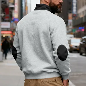 Back view of men's grey heavy fleece sweatshirt with black elbow patches and stand collar