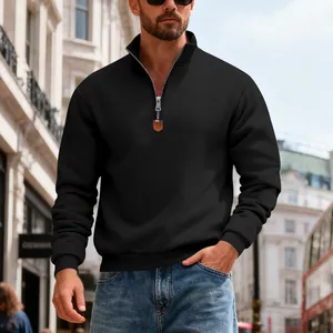 Detail view of heavyweight men's black fleece-lined sweatshirt with half-zip stand collar