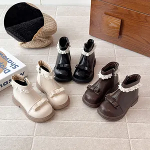 Bottines Martin Style Britannique pour Filles 2026 Automne Hiver Nœud Coréen Perle Artificielle Dentelle Doublées en Molleton Cuir Artificiel Fermeture Éclair Latérale Bottes Enfants