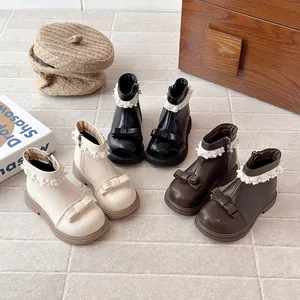 Élégantes bottines pour filles style britannique avec perle nœud et dentelle fine
