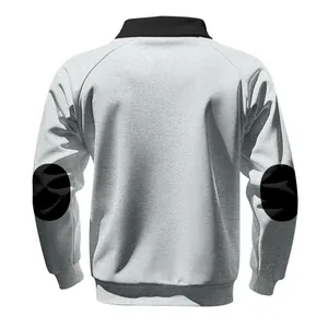 Back view of men's heavyweight grey sweatshirt with black stand collar and elbow patches