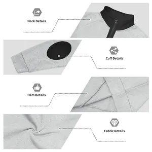 Macro details of stand-up collar, elbow patches, hem, and soft grey fleece fabric texture