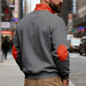 Detailed back view of a men's heavy fleece sweatshirt with orange stand collar and elbow patches