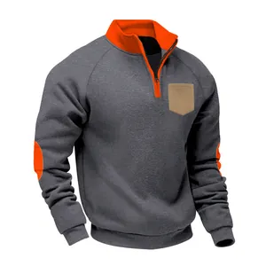 Detailed view of men's grey heavyweight fleece sweatshirt with orange stand collar