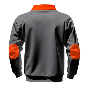Back view of heavyweight grey fleece sweatshirt with orange stand collar and elbow patches