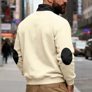 Men's heavyweight cream fleece sweatshirt showing back view with contrast black elbow patches