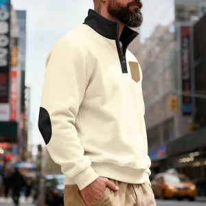Side view of heavy fleece quarter-zip sweatshirt with elbow patches and chest pocket
