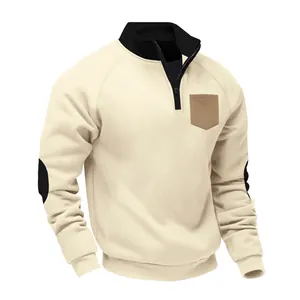 Men's fleece 1/4 zip pullover sweatshirt with contrast pocket and elbow patches