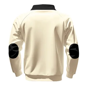 Detail of heavy fleece sweatshirt with stand collar and black elbow patches