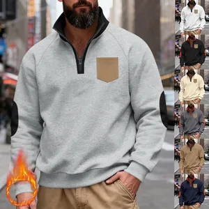 Men's Heavyweight Fleece Stand Collar Quarter-Zip Top Patchwork Contrast Elbow Patch Winter Casual Pullover Hoodie Sweatshirt