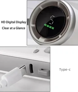 Detailopname van het digitale display en de Type-C oplaadpoort van de ventilator