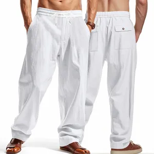 Men's loose white linen casual wide-leg trousers with drawstring waist and pockets